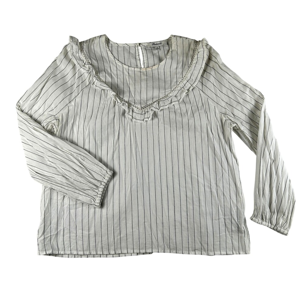 Madewell Blouse Womens Medium White Striped Ruffle Crochet Long Sleeve Top